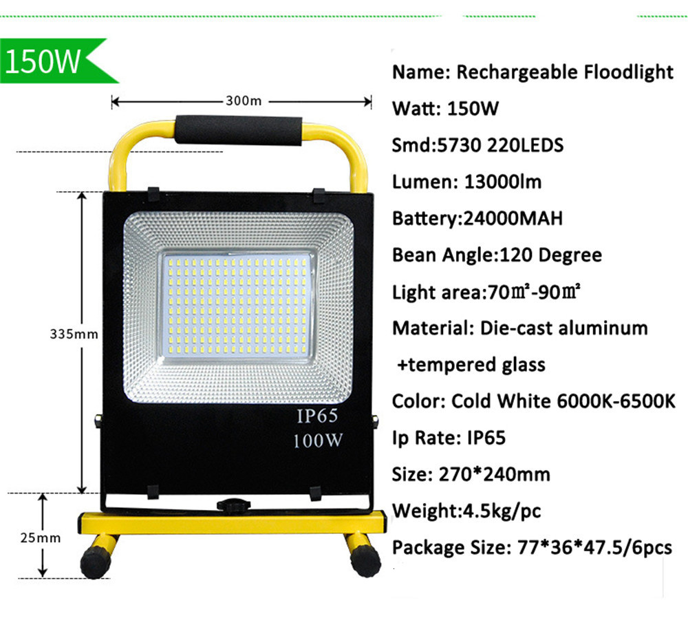 8PCS 50W 100W 150W LED Floodlight SMD 5730 High Power Portable Spotlight Outdoor Rechargeable Light Power + Charger