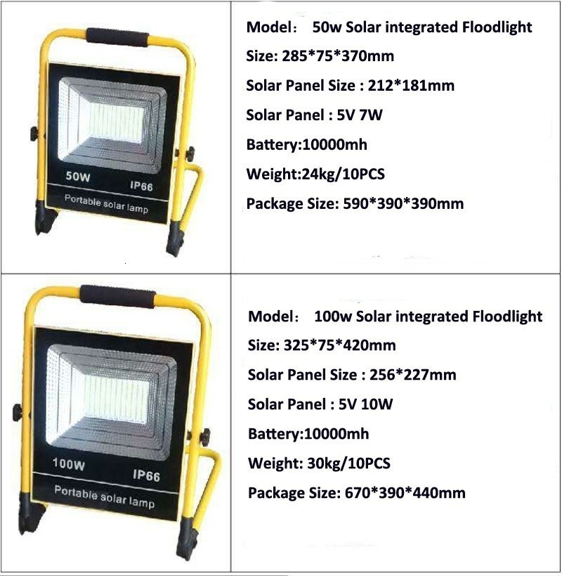 10PCS Waterproof IP66 50W 100W LED Solar Garden Integrated Floodlight Rechargeable Portable LED Work Light Emergency Flood Lamp