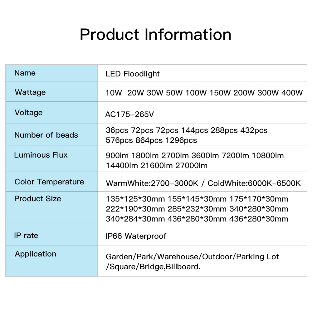 IP66 Waterproof 10W 20W 30W 50W LED Flood Light and 100W 200W Floodlight LED Spotlight Reflector LED Outdoor Lighting 110V 220V