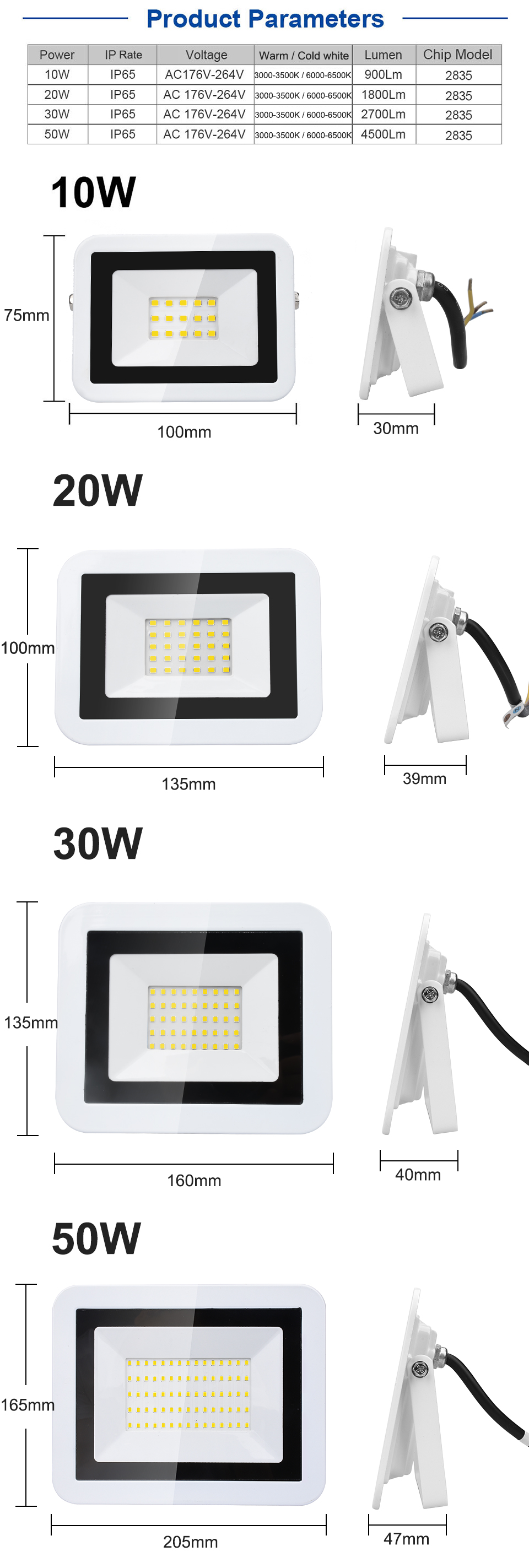 10w 20w 30w 50w Led Floodlight Outdoor Security Lights Warm White/ Cold White Outdoor Floodlight for Garage Garden Lawn and Yard