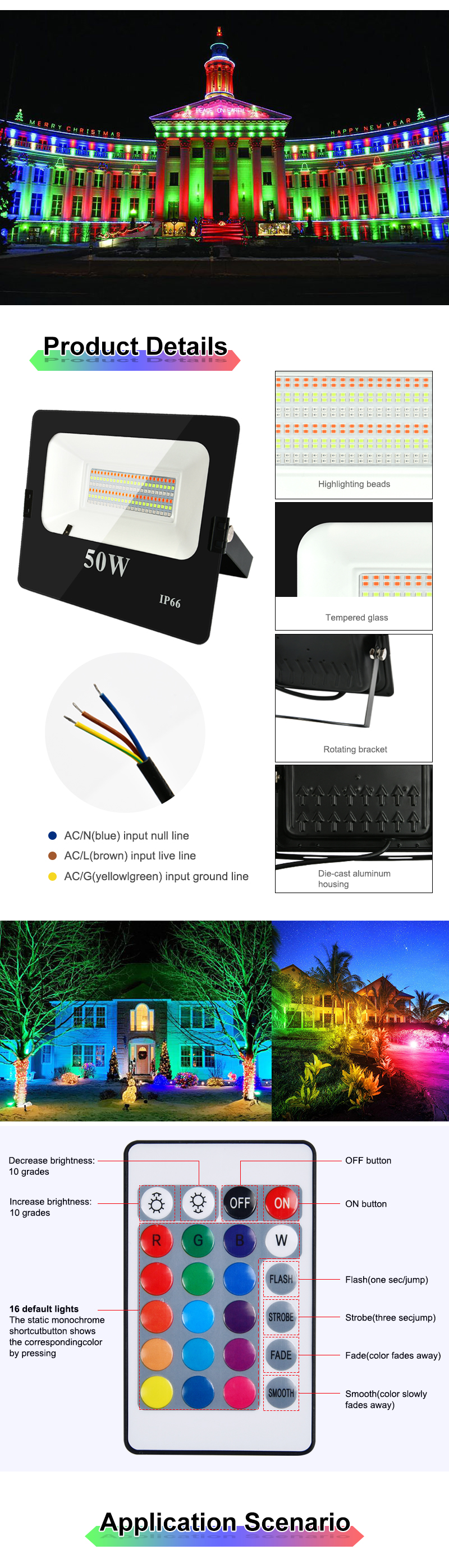 220V RGB Floodlight 30W 50W 100W Outdoor Wall Washer Wall Washer LED Lamp 16 Color Reflector IP66 Waterproof Garden RGB Light
