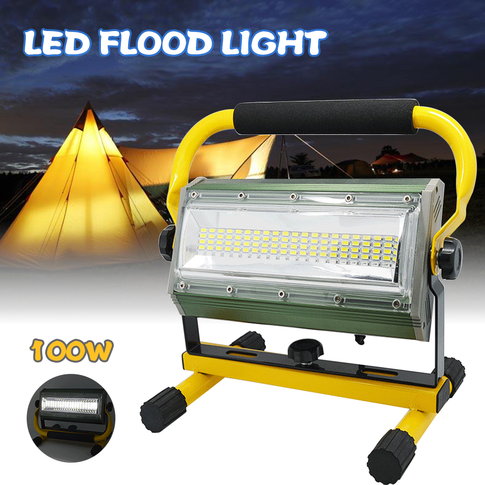 100W Portable Rechargeable Work Flood Light Spot Emergency Outdoor Camping Floodlight IP65 Rechargeable by 6*18650 Battery