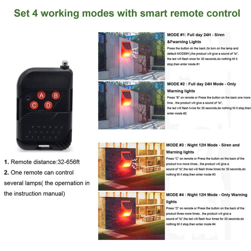 2pc IP65 Solar Warning Light LED Remote Alarm Orchard Anti-theft Alarm Warning Light Solar Sound Alert Flash Warning Sound Light