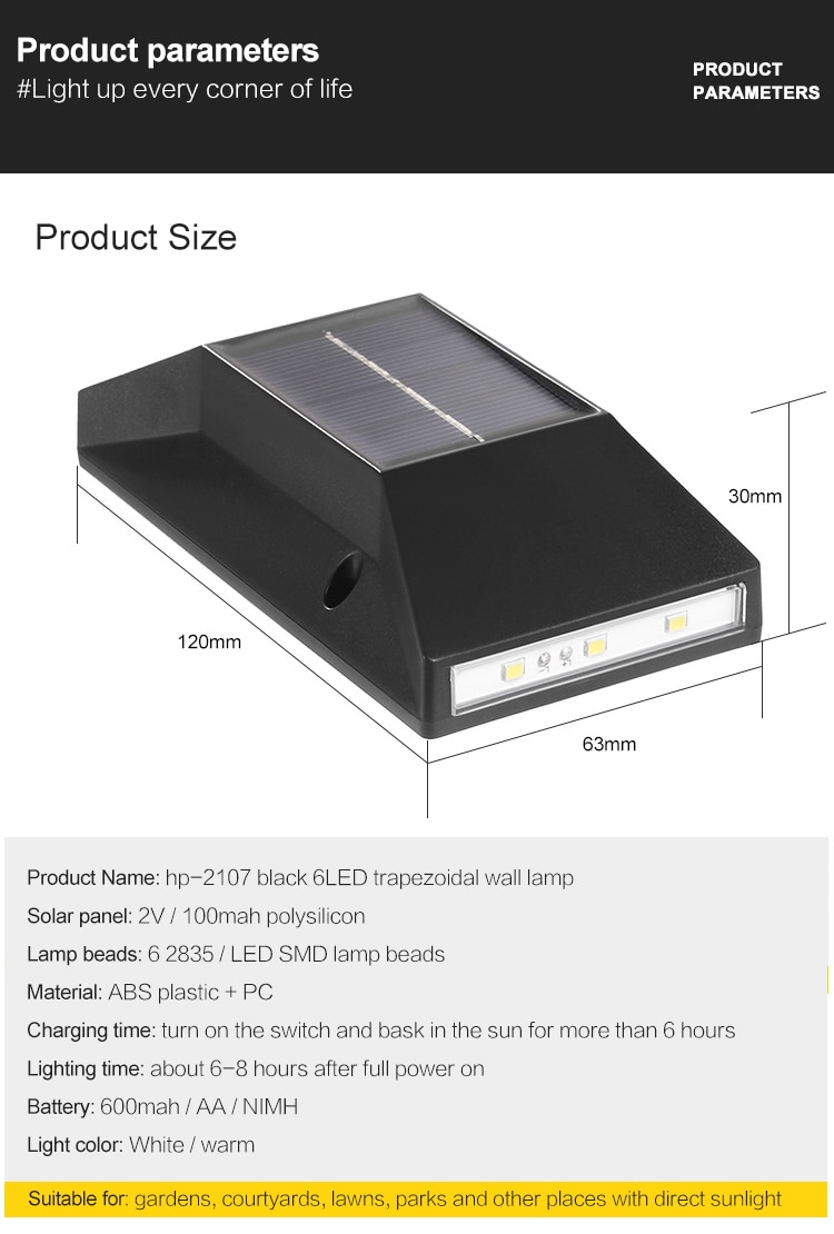 6 LED Outdoor Solar Wall Lamp Waterproof Sunlight Garden Decorative Street Lights Solar Powered Lantern Wall Light Decor Lamp