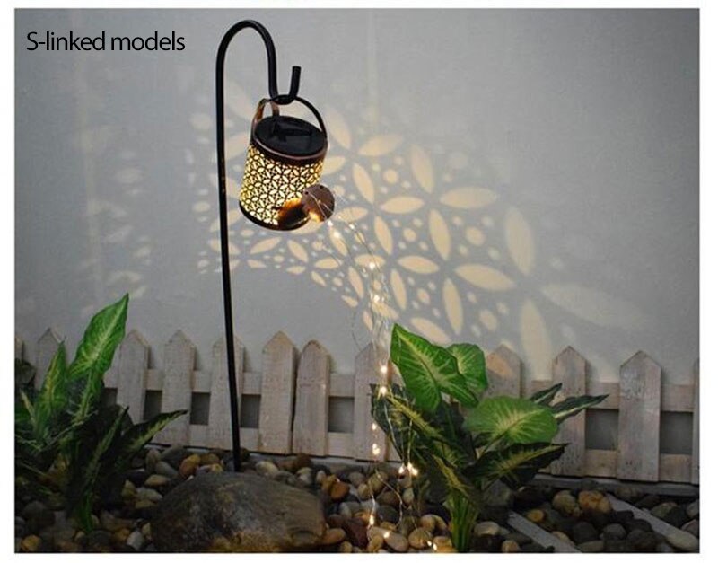 Solar Watering Can String Lights Outdoor Gardening Decor Ornament LED Lamp Garden Art Light Decor Hollow Iron Shower Lights