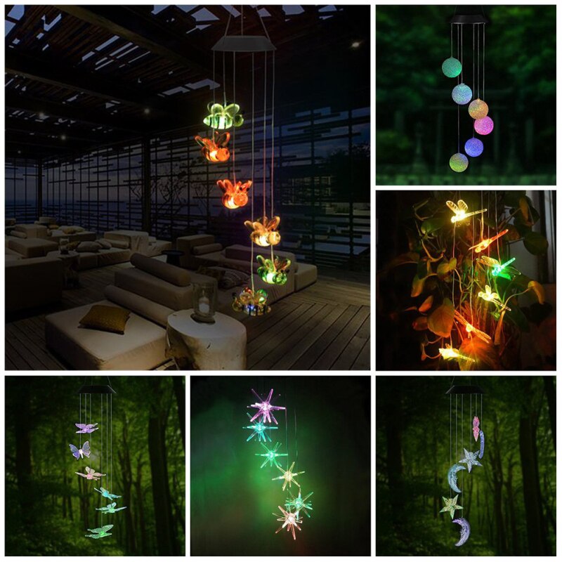 LED Colorful Solar Power Wind Chime Crystal Christmas Decor Outdoor Wind Chime Solar Light for Garden Waterproof Outdoor lamp