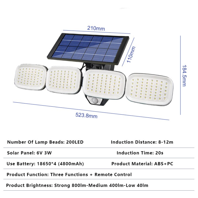 Waterproof Solar Light Outdoors 200LED 240COB Four Head Wide Angle Lighting Motion Sensor Solar Lamp Garden Floodlight Wall Lamp