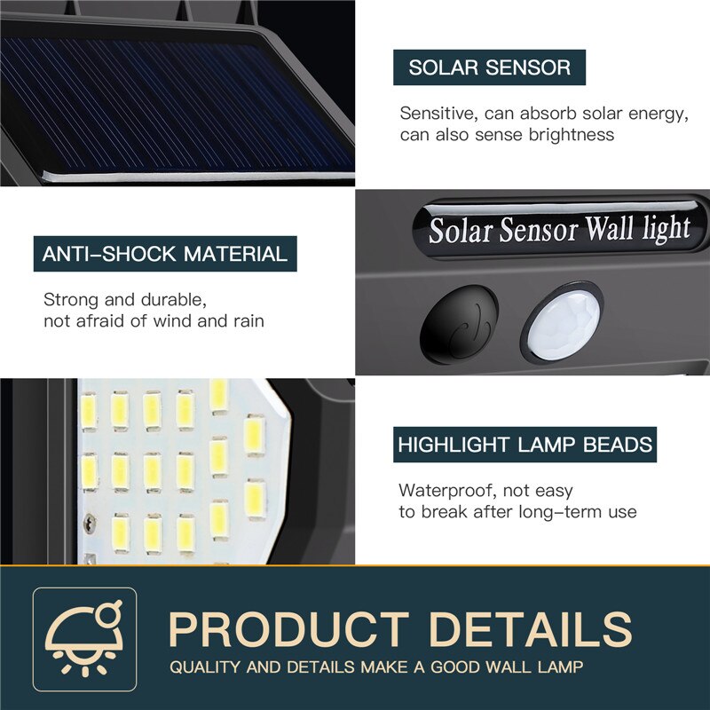 Solar Led Light Outdoor 20-144 Led Bright Motion Sensor Light Wide Angle Wireless Waterproof Wall Lights for Garden Wall Street