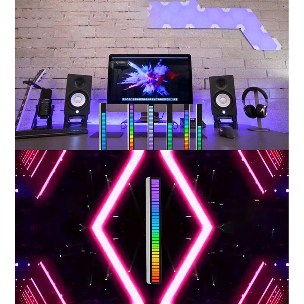 RGB Colorful Tube 32LED Voice-Activated Pickup Rhythm Strip Light APP Control Music Atmosphere Ambient Lamp Bar for Car Computer