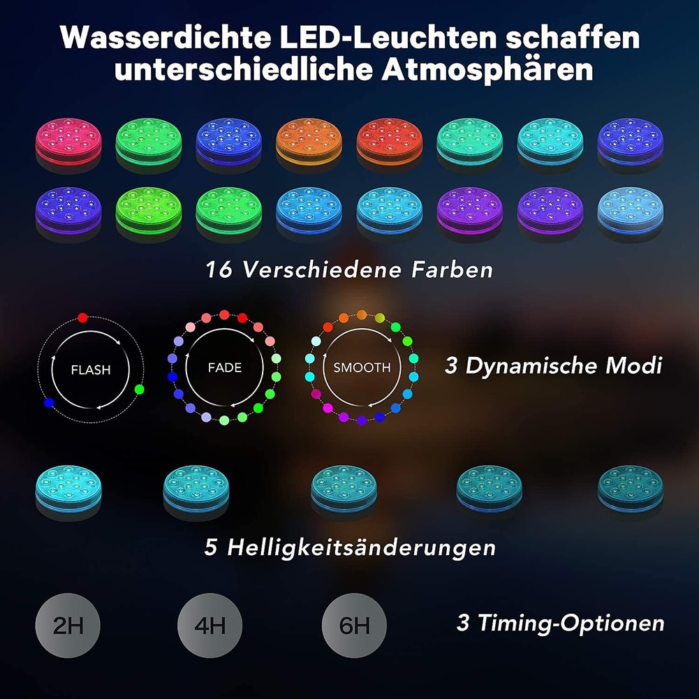 16 Colors Submersible 13 Led Light with Suction Cup for Outdoor Pond Fountain Vase Garden Swimming Pool Underwater Night Lamp