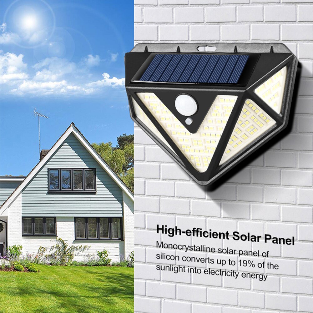 166LED Solar Powered Wall Light Outdoors 3 Modes Three Sides PIR Motion Sensor Emergency Waterproof Security Lamp Garden Decor