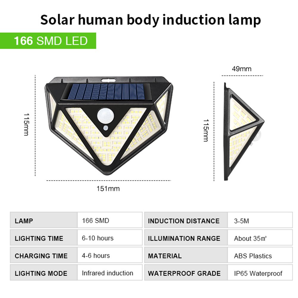 166LED Solar Powered Wall Light Outdoors 3 Modes Three Sides PIR Motion Sensor Emergency Waterproof Security Lamp Garden Decor