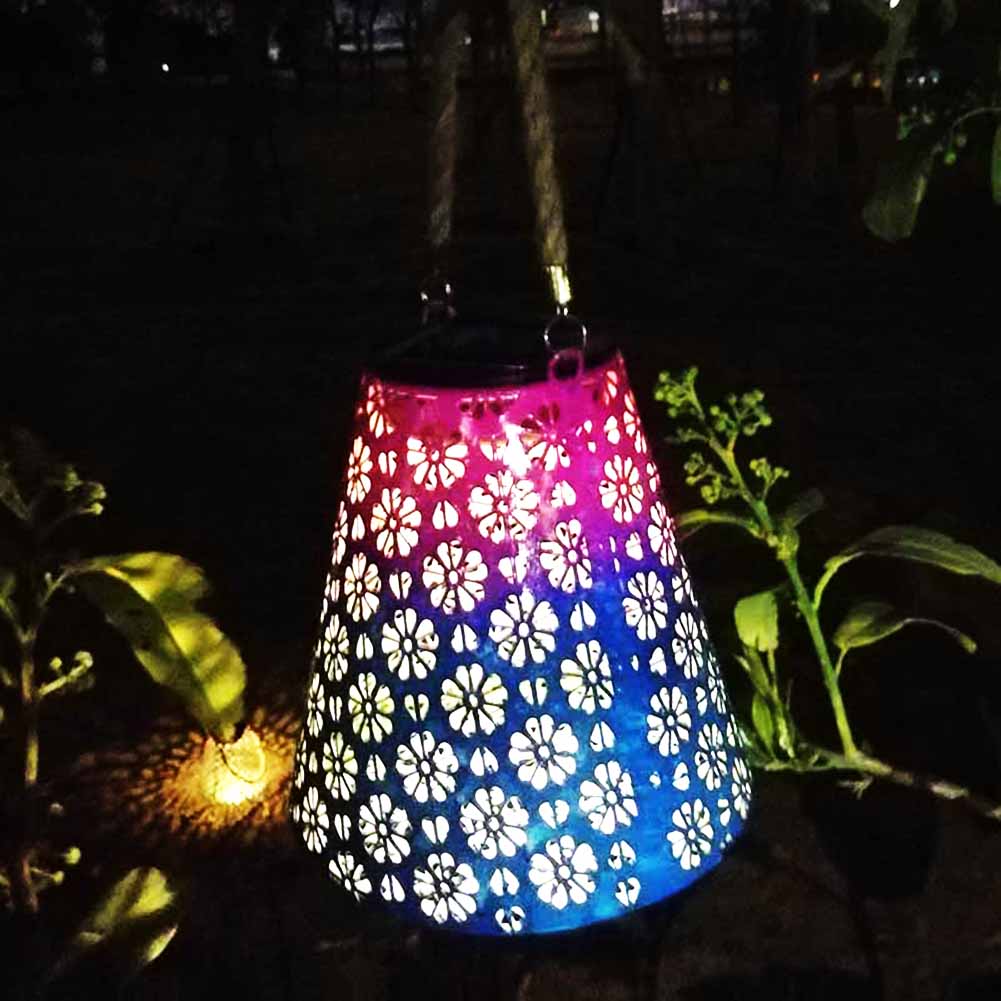 LED Solar Lantern Light Outdoor Waterproof Wrought Iron Hollow Lantern Projection Light Hanging Projector Lamp Garden Decoration