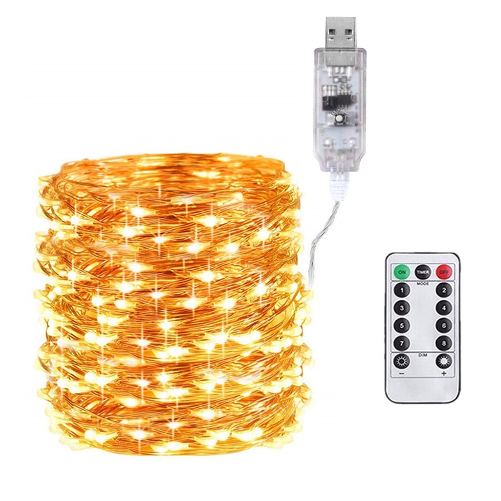 USB LED String Fairy Lights Copper Wire Christmas Garland Lamp with Remote Control for Garden Yard Decor