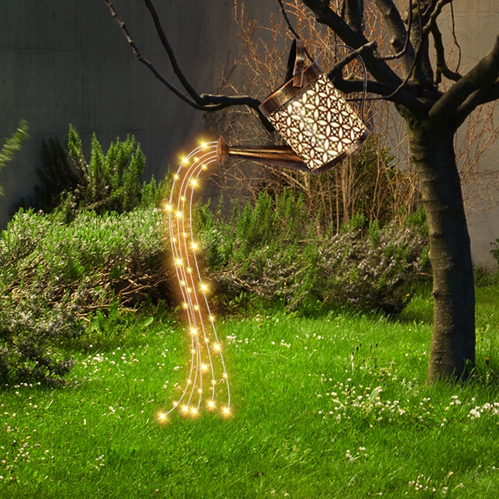 Wrought Iron Hollow LED Solar Lamp Watering Can Sprinkles Fairy Solar Light Outdoor Waterproof Shower Light Garden Decoration