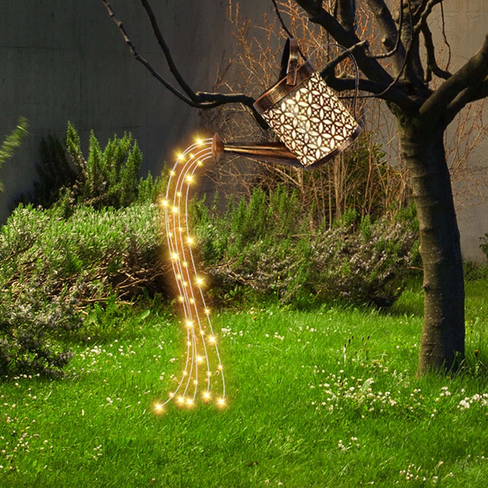 LED Solar Lamp Watering Can Sprinkles Fairy Solar Light Wrought Iron Hollow Outdoor Waterproof Shower Light Garden Decoration