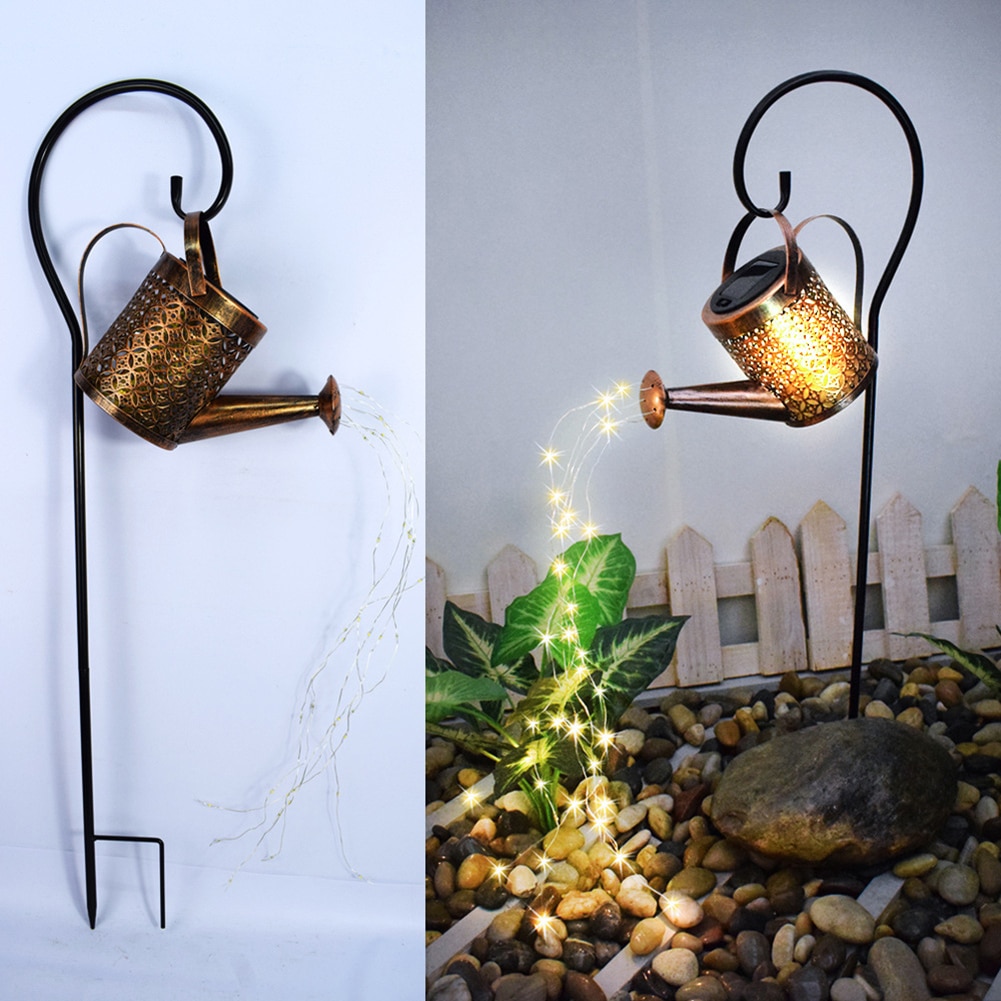 LED Solar Lamp Watering Can Sprinkles Fairy Solar Light Wrought Iron Hollow Outdoor Waterproof Shower Light Garden Decoration