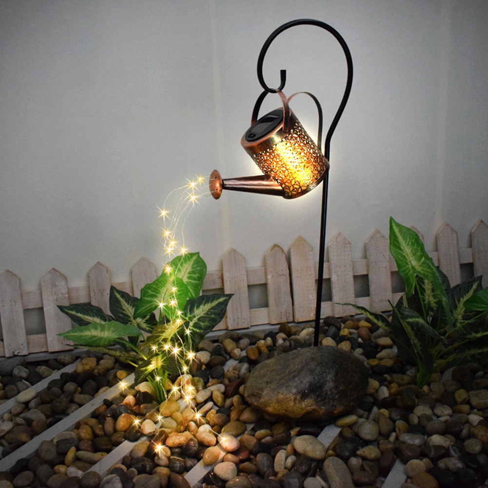 Wrought Iron Hollow LED Solar Lamp Watering Can Sprinkles Fairy Solar Light Outdoor Waterproof Shower Light Garden Decoration