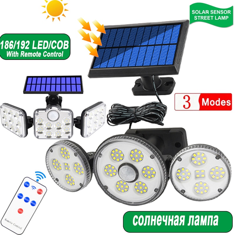 186/192LED COB Solar Lamp Outdoor Street Lights with Motion Sensor 3 Mode Rotatory 3 Head Waterproof Lamp for Garden Yard Garage