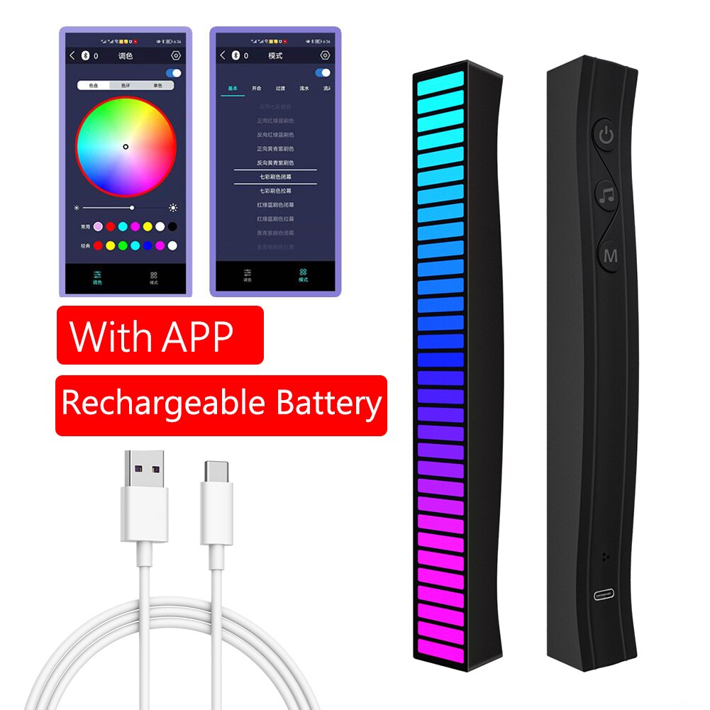 APP Control Voice Activated Music Rhythm Light Bar Bluetooth-Compatible RGB Lamp Rechargeable Car Home LED Strip Christmas Decor