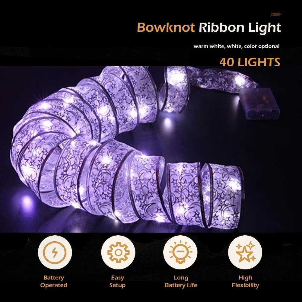 20/40/50 LED Fairy Lights Strings Lamp Christmas Ribbon Bows Light Xmas Tree Ornaments Wedding Party New Year Home Decorations