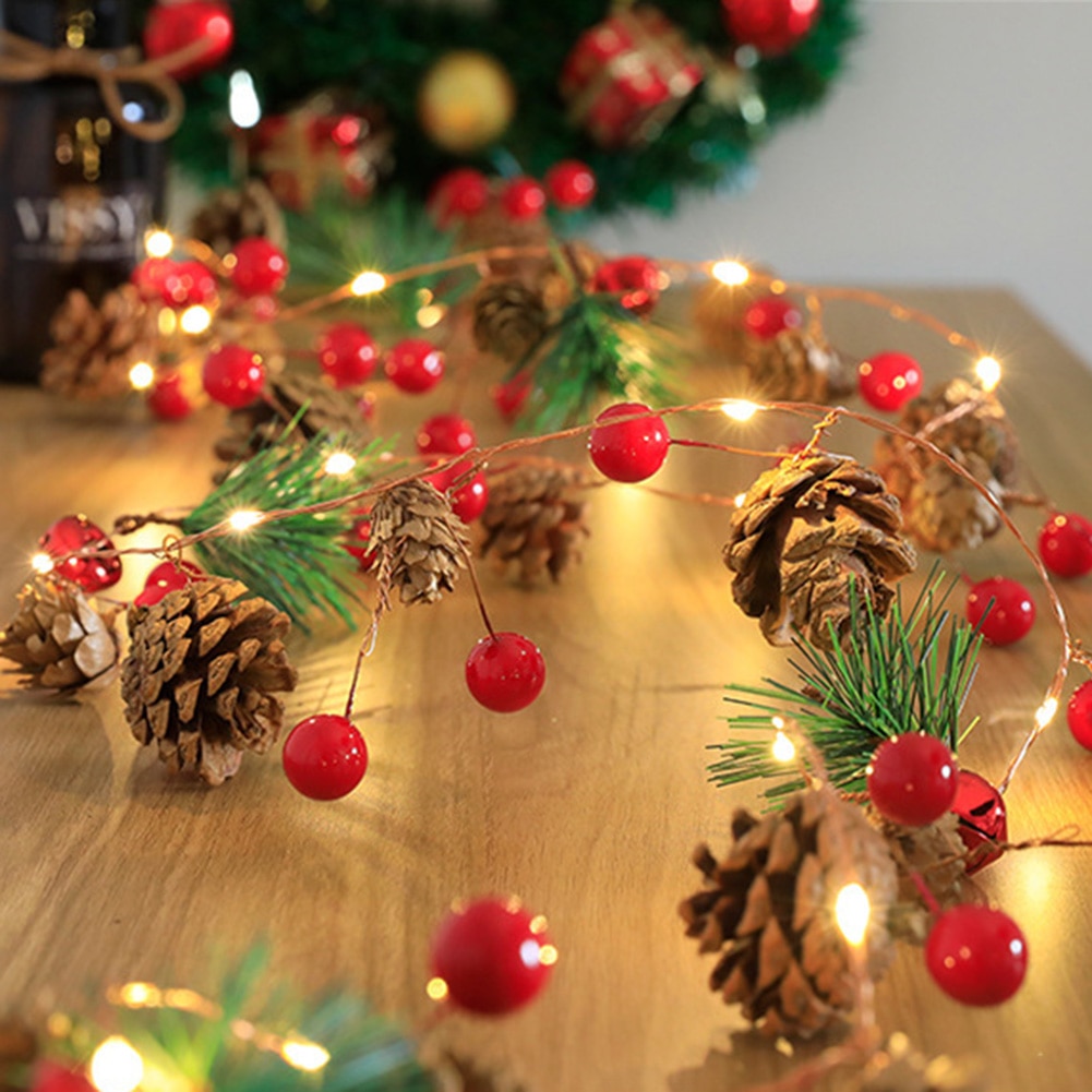 2m LED Fairy String Lights for Home Christmas Garland Tree Copper Wire Pine Cones String Lamp Bedroom Lights Holiday Decorations