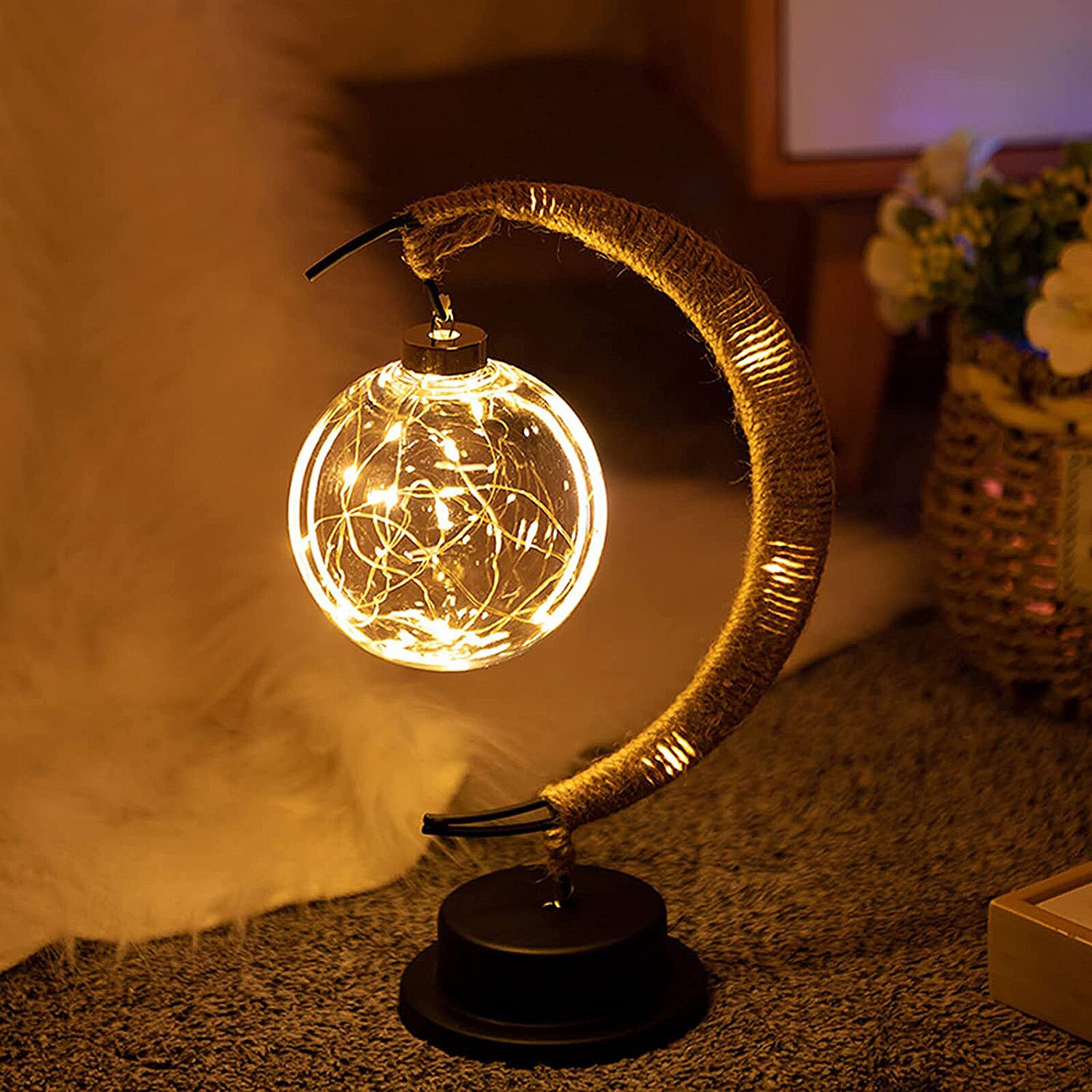 LED Moon Lamp Lunar Sepak Takraw Night Light wtih Stand Handmade Hemp Rope Table Lamp Decorations Romantic Night Light Xmas Gift