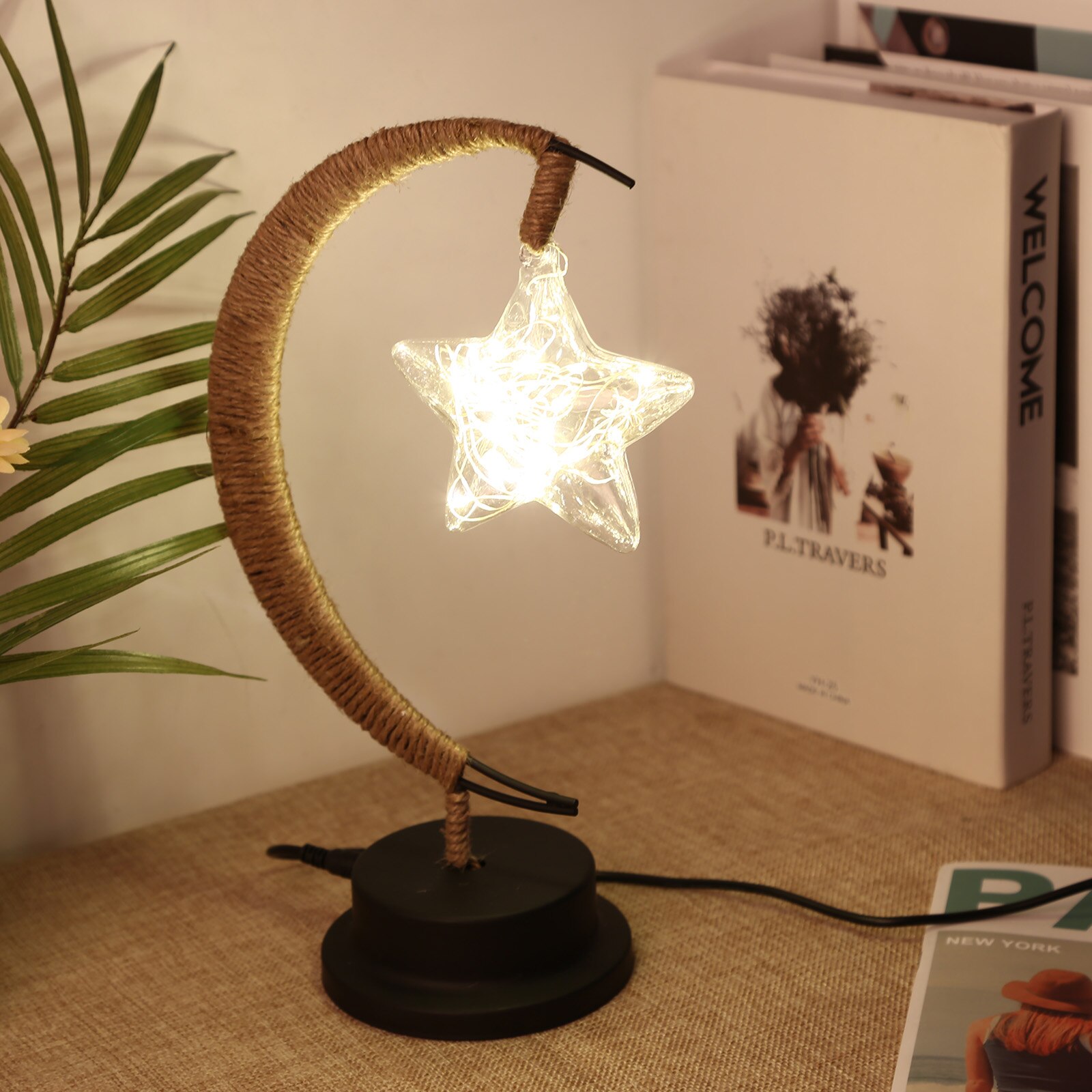 LED Moon Lamp Lunar Sepak Takraw Night Light wtih Stand Handmade Hemp Rope Table Lamp Decorations Romantic Night Light Xmas Gift