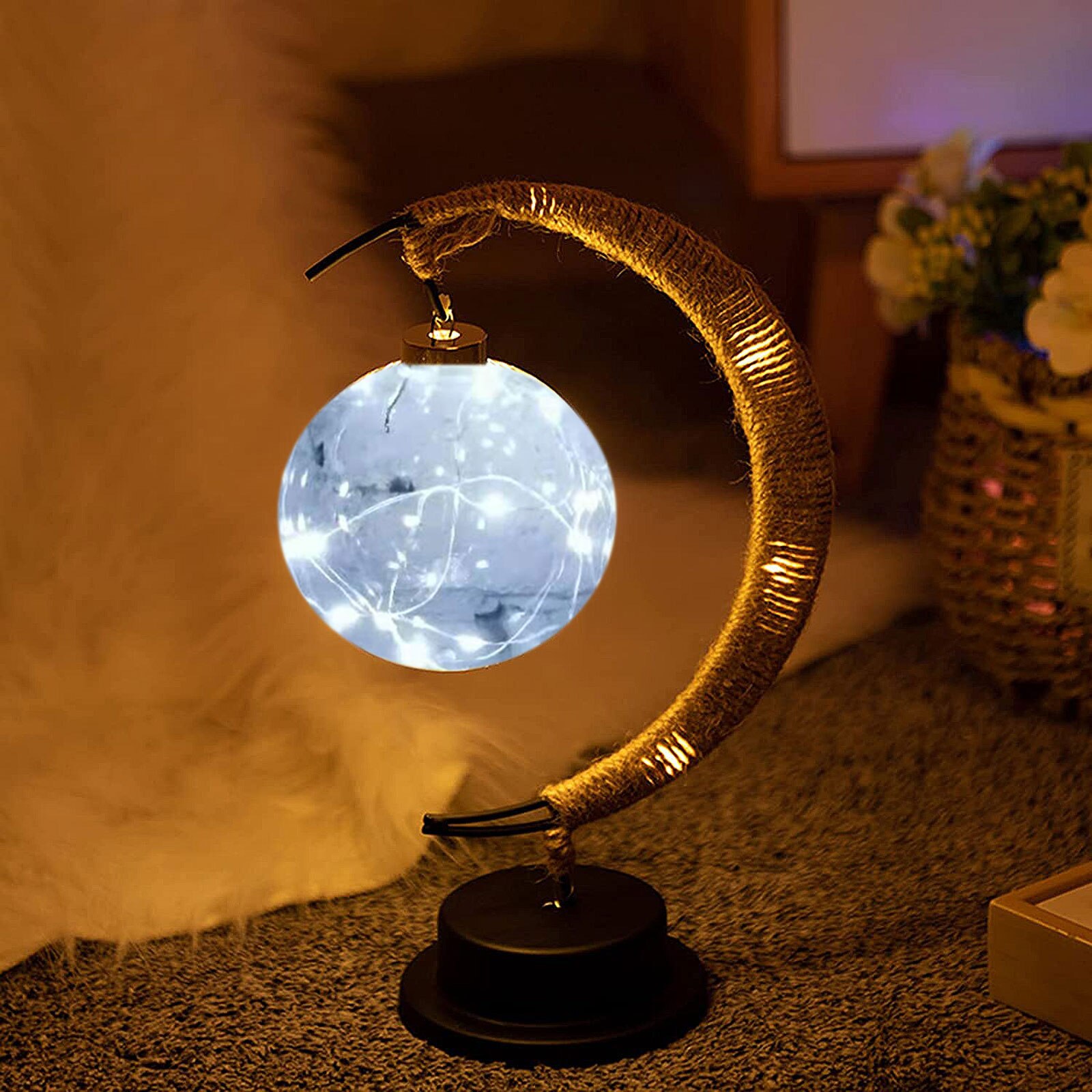 LED Moon Lamp Lunar Sepak Takraw Night Light wtih Stand Handmade Hemp Rope Table Lamp Decorations Romantic Night Light Xmas Gift