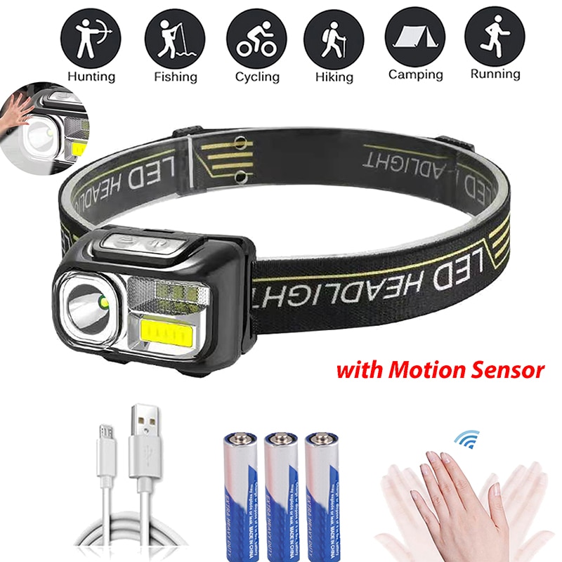 COB LED Headlamp Sensor Headlight Flashlights USB Rechargeable Headlamps for Camping Cycling Hiking Fishing Headlight Head Torch