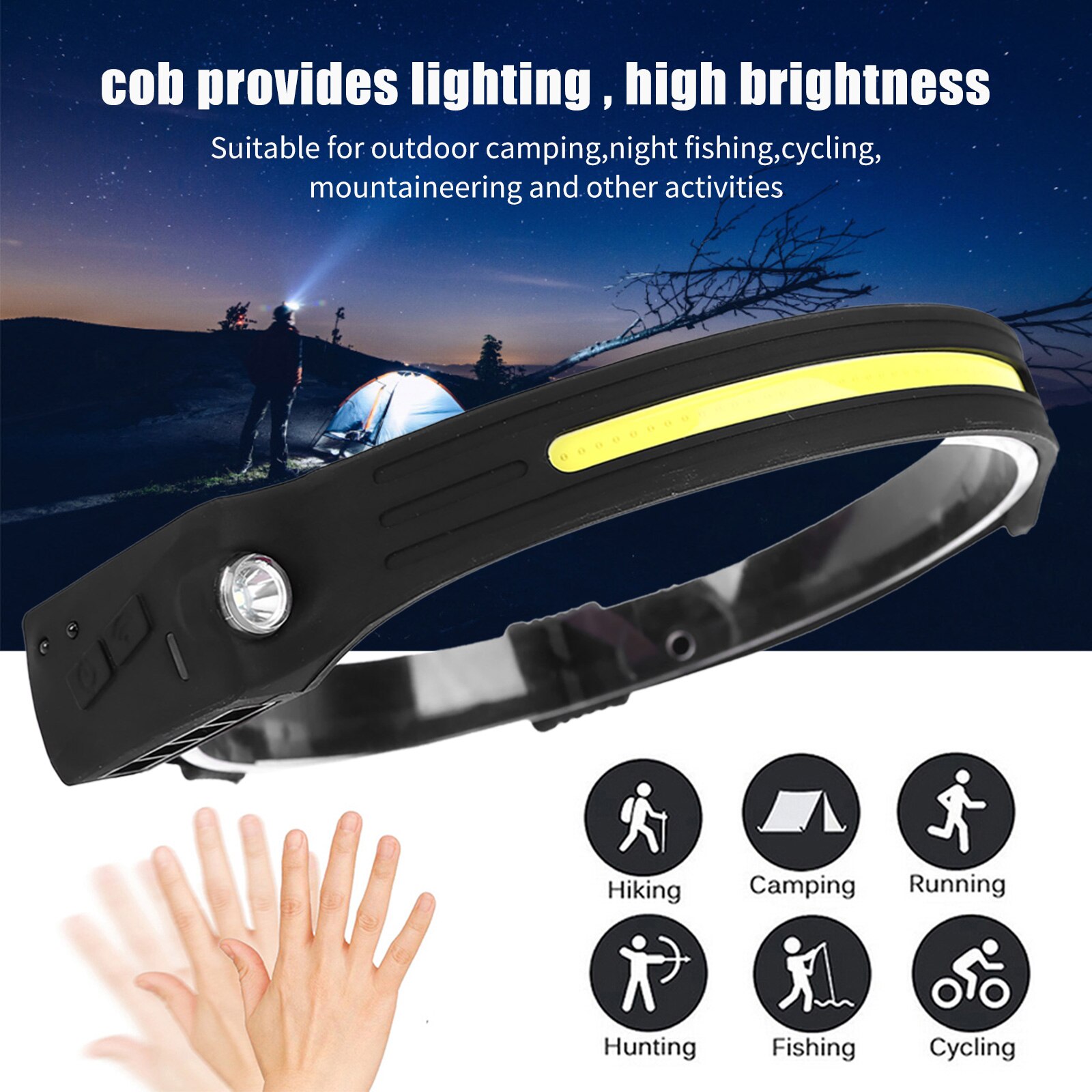 2Pcs LED COB Headlamp Sensor Flashlight USB Rechargeable Waterproof Headlight for Running Camping Cycling Outdoor Headtorch Lamp