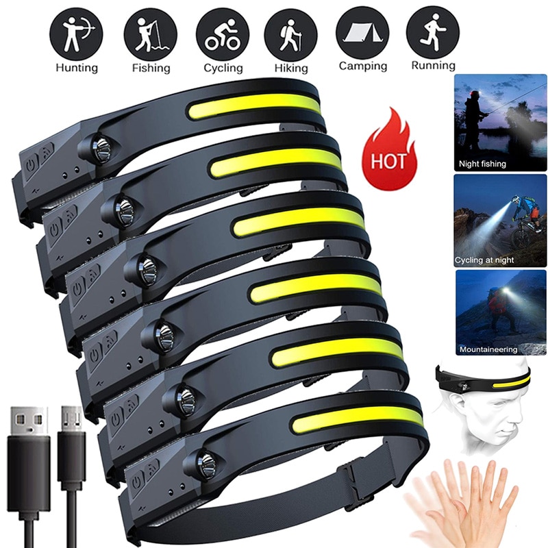 Powerful Headlamps COB LED Flashlight Waterproof 4 Modes USB Warning Headlight Torch for Cycling Camping Working Outdoor Fishing