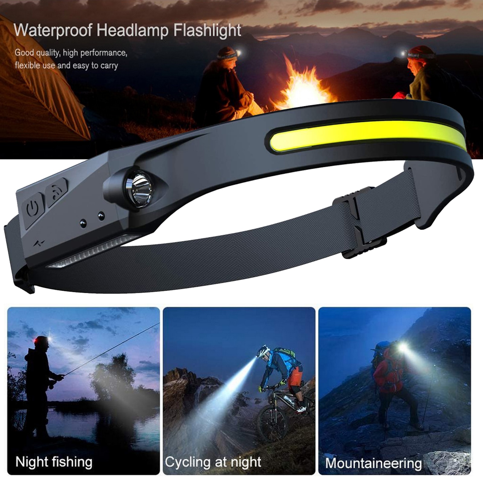 Powerful Headlamps COB LED Flashlight Waterproof 4 Modes USB Warning Headlight Torch for Cycling Camping Working Outdoor Fishing