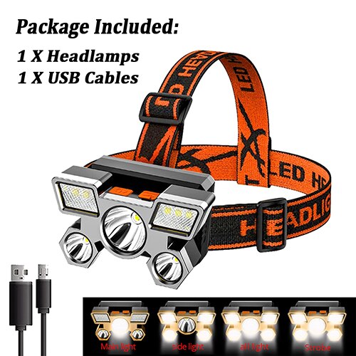 5LED Strong Headlamp with Built-in 18650 Battery USB Rechargeable Portable Flashlight Lantern Headlamp Outdoor Camping Headlight