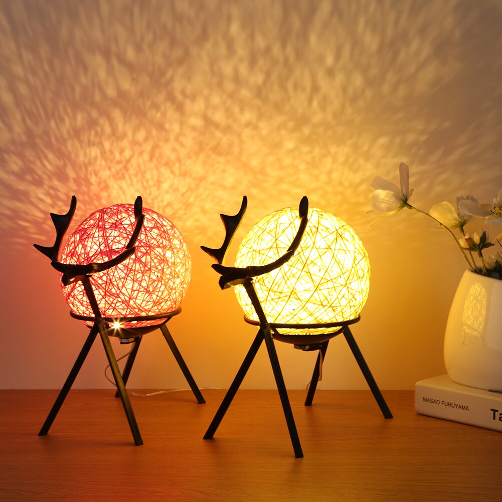 USB LED Moon Night Light Deer Stand Bedside Desktop Ball Night Lamp Adjustable Handwoven Lampshade Warm Lighting Christmas Decor