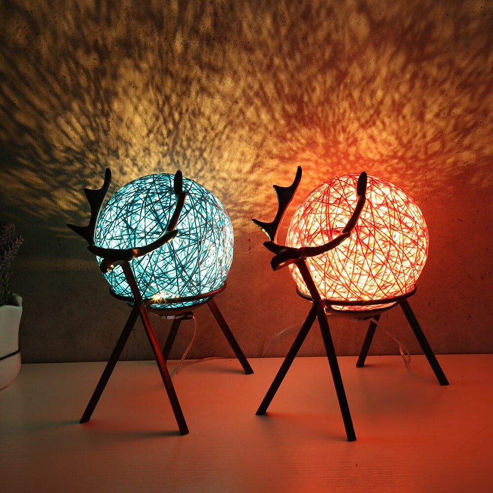 USB LED Moon Night Light Deer Stand Bedside Desktop Ball Night Lamp Adjustable Handwoven Lampshade Warm Lighting Christmas Decor