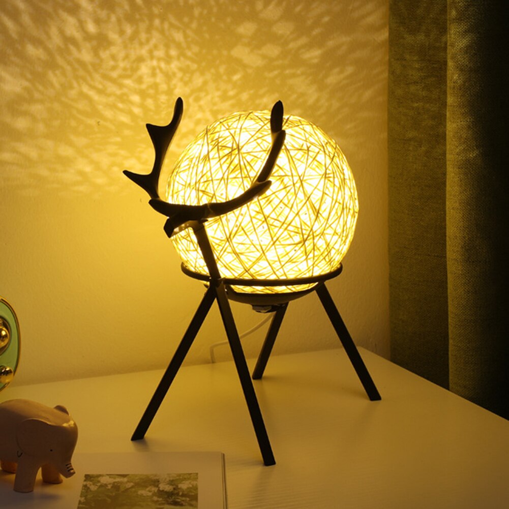 USB LED Moon Night Light Deer Stand Bedside Desktop Ball Night Lamp Adjustable Handwoven Lampshade Warm Lighting Christmas Decor