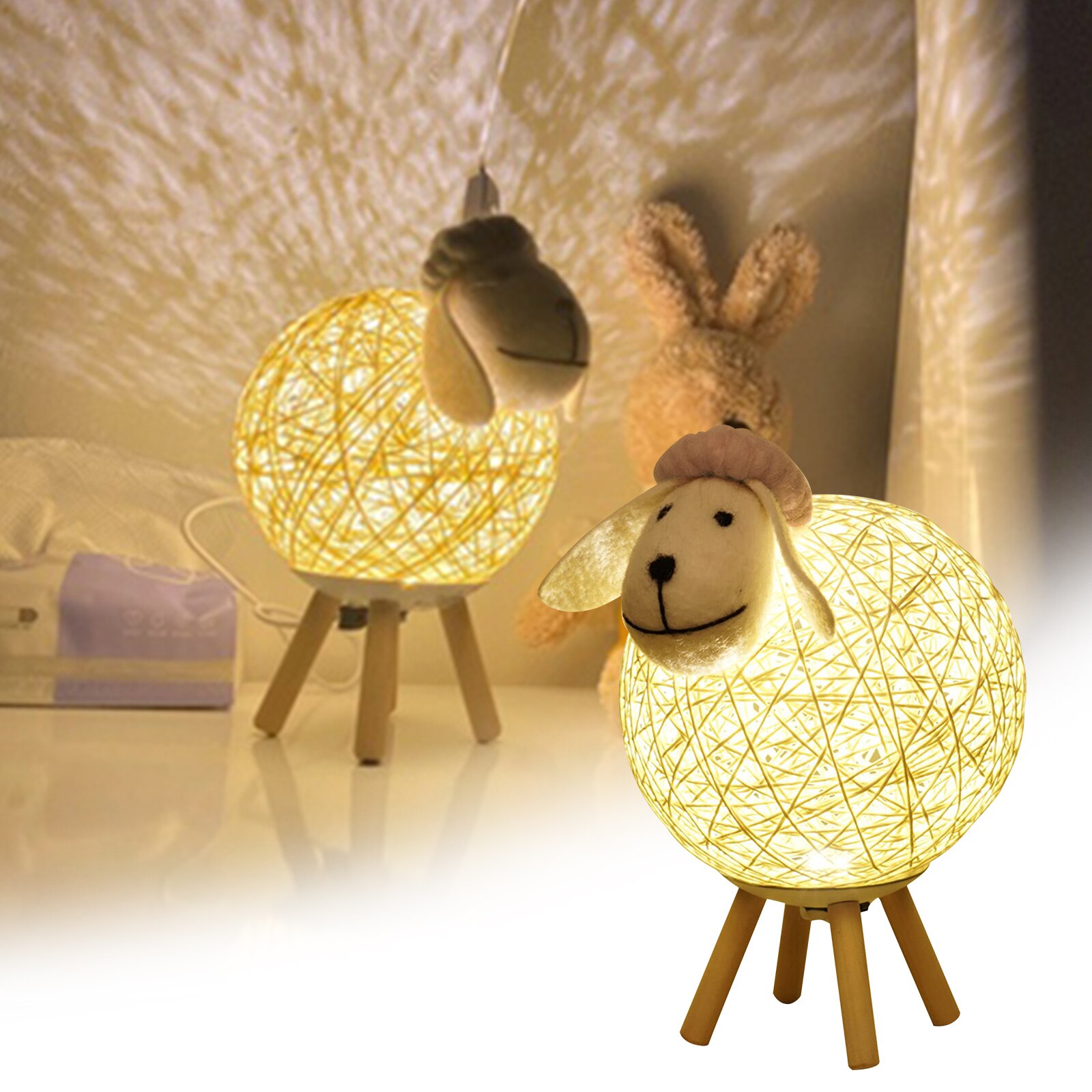 Sheep LED Night Light Bedside Moon Lamp Hand-woven Lampshade Cute Sleep Christmas Decoration Animals Night lamp for