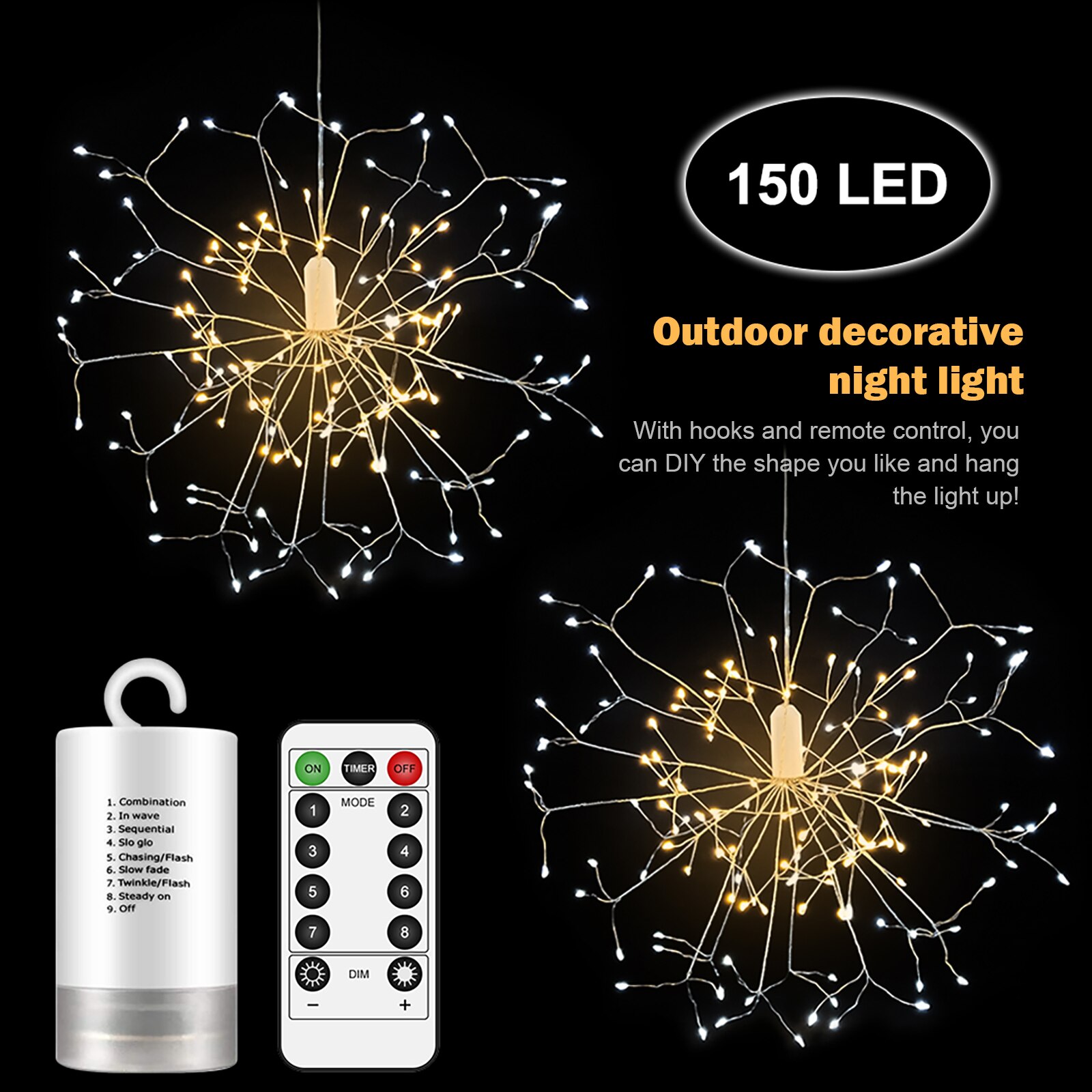 LED Firework String Lights Night Light with Remote Control for Wedding Christmas Halloween Garden Holiday Decorations Lighting