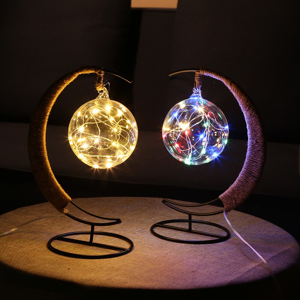 LED Moon Lamp Rattan Handmade Rope Wrought Iron Glass Ball Night Light Home Living Room Decoration Sleeping Lantern Lighting