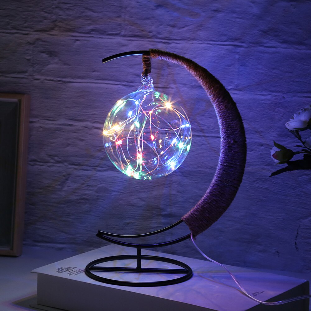 LED Moon Lamp Rattan Handmade Rope Wrought Iron Glass Ball Night Light Home Living Room Decoration Sleeping Lantern Lighting