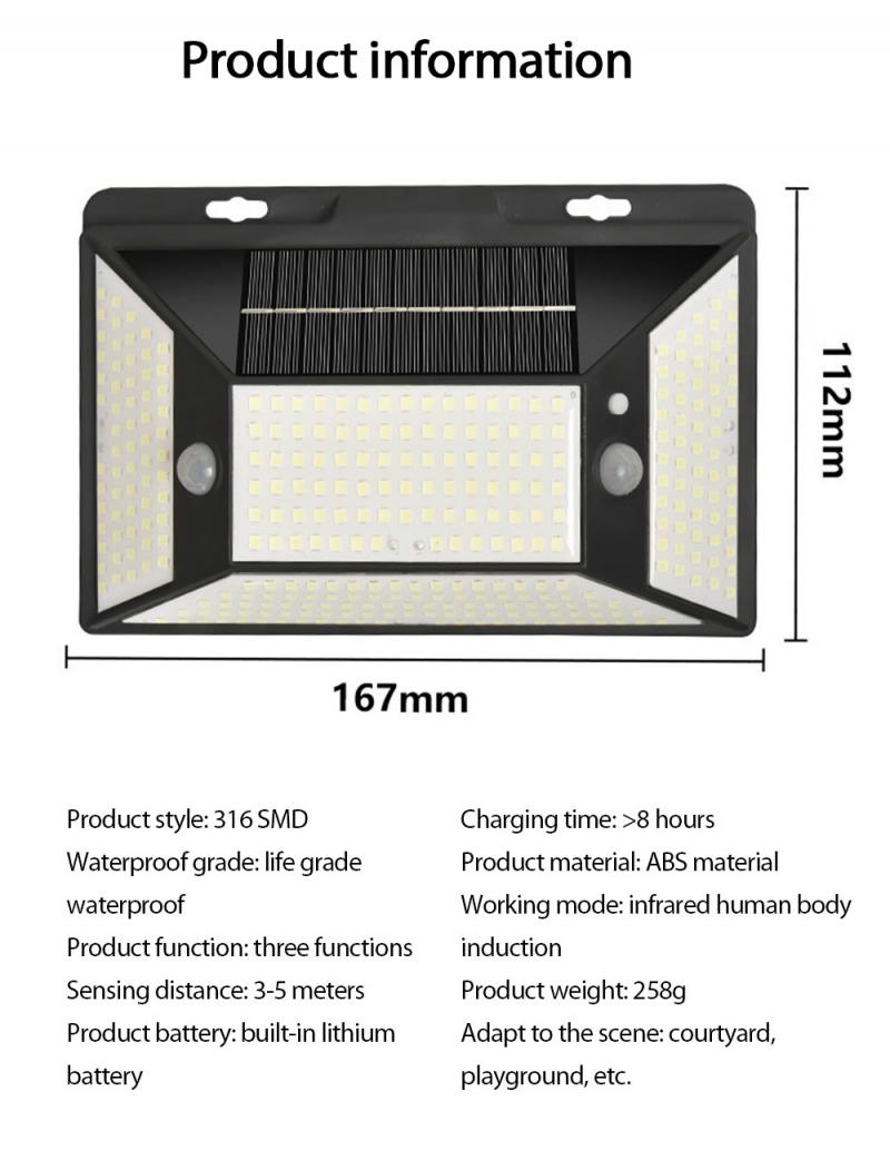 316LED Solar Light Outdoor Wall Lamp PIR Motion Sensor IP67 Waterproof Garden Decor Solar Lamps For Patio Yard Path Street Light