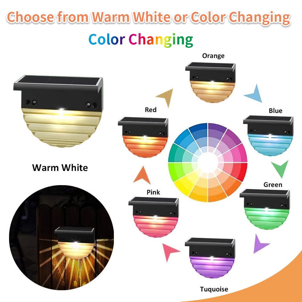 LED Solar Deck Lights Outdoor Stairs Lamp Waterproof Colorful Changable Fence Step Light For Garden Patio Yard Lighting