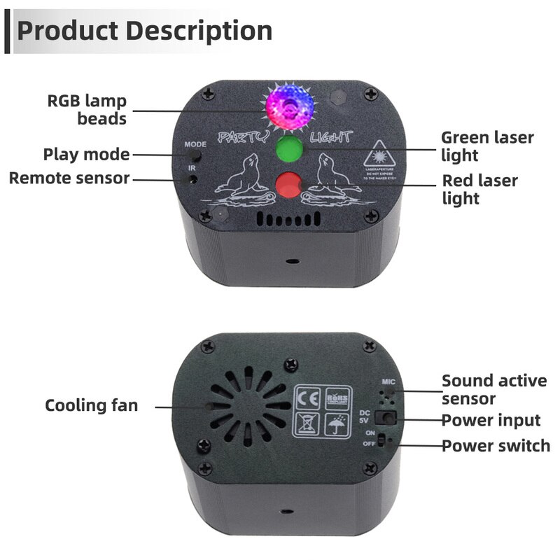 RGB Laser Projector Lamp USB Rechargeable LED Disco Light Party Show DJ Stage Lighting Effect Lamp For Home KTV Wedding Festival