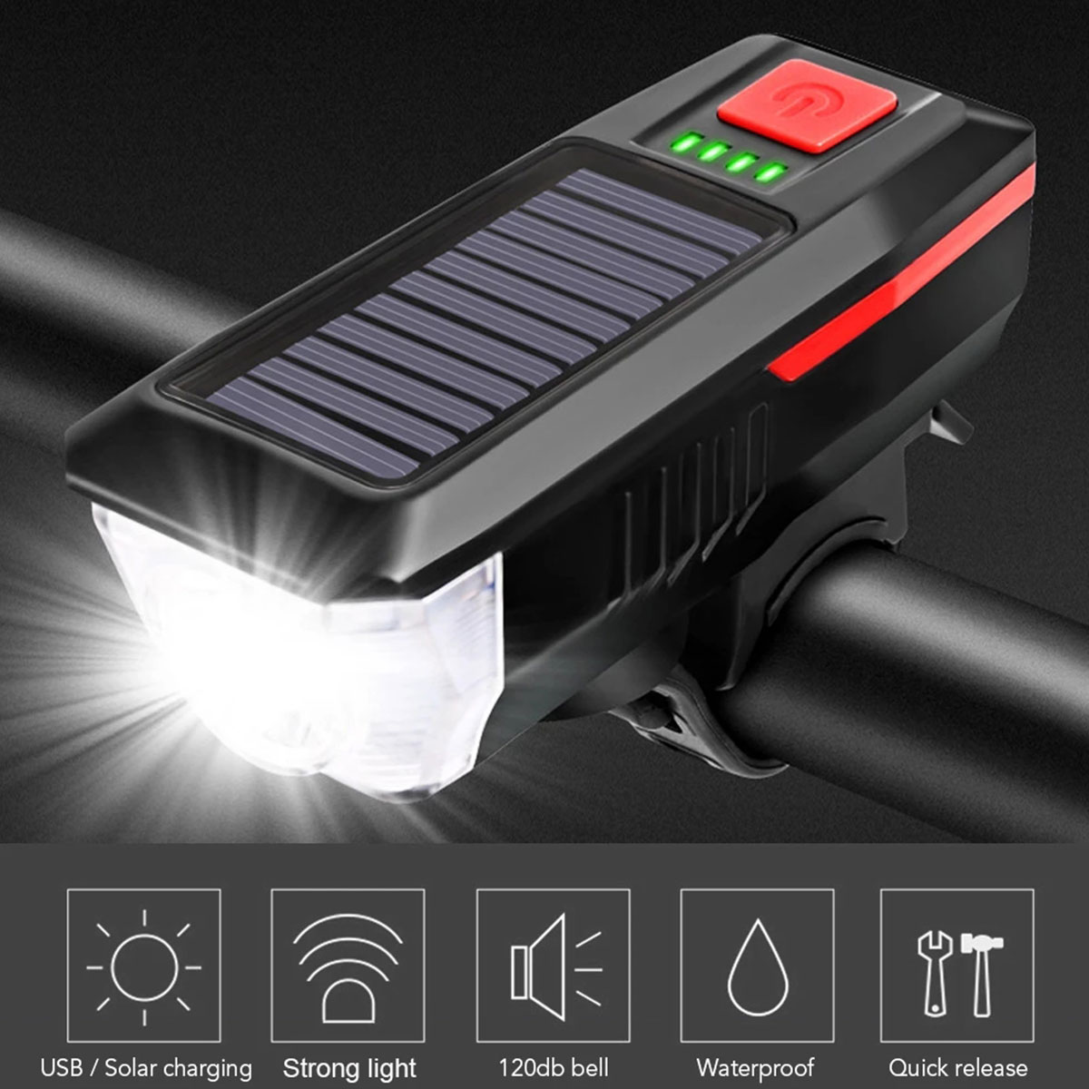 Solar Bicycle Light Rechargeable Bike Front Lamp LED Bike Headlight Outdoor Waterproof Cycling Light 3 Light Modes Head Light