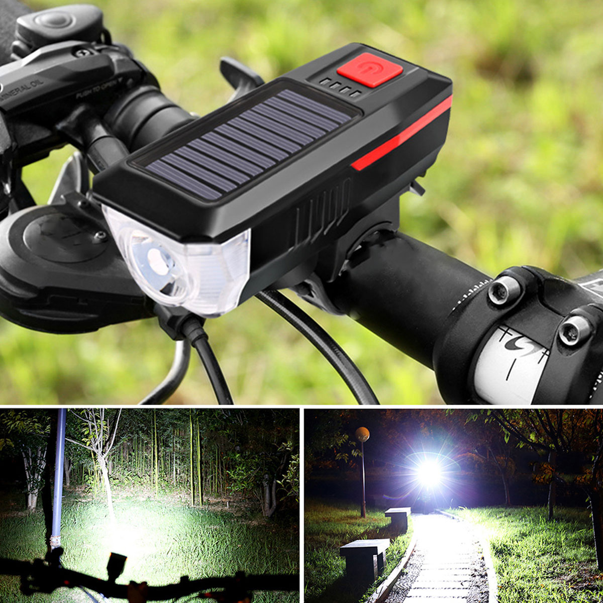 Solar Bicycle Light Rechargeable Bike Front Lamp LED Bike Headlight Outdoor Waterproof Cycling Light 3 Light Modes Head Light