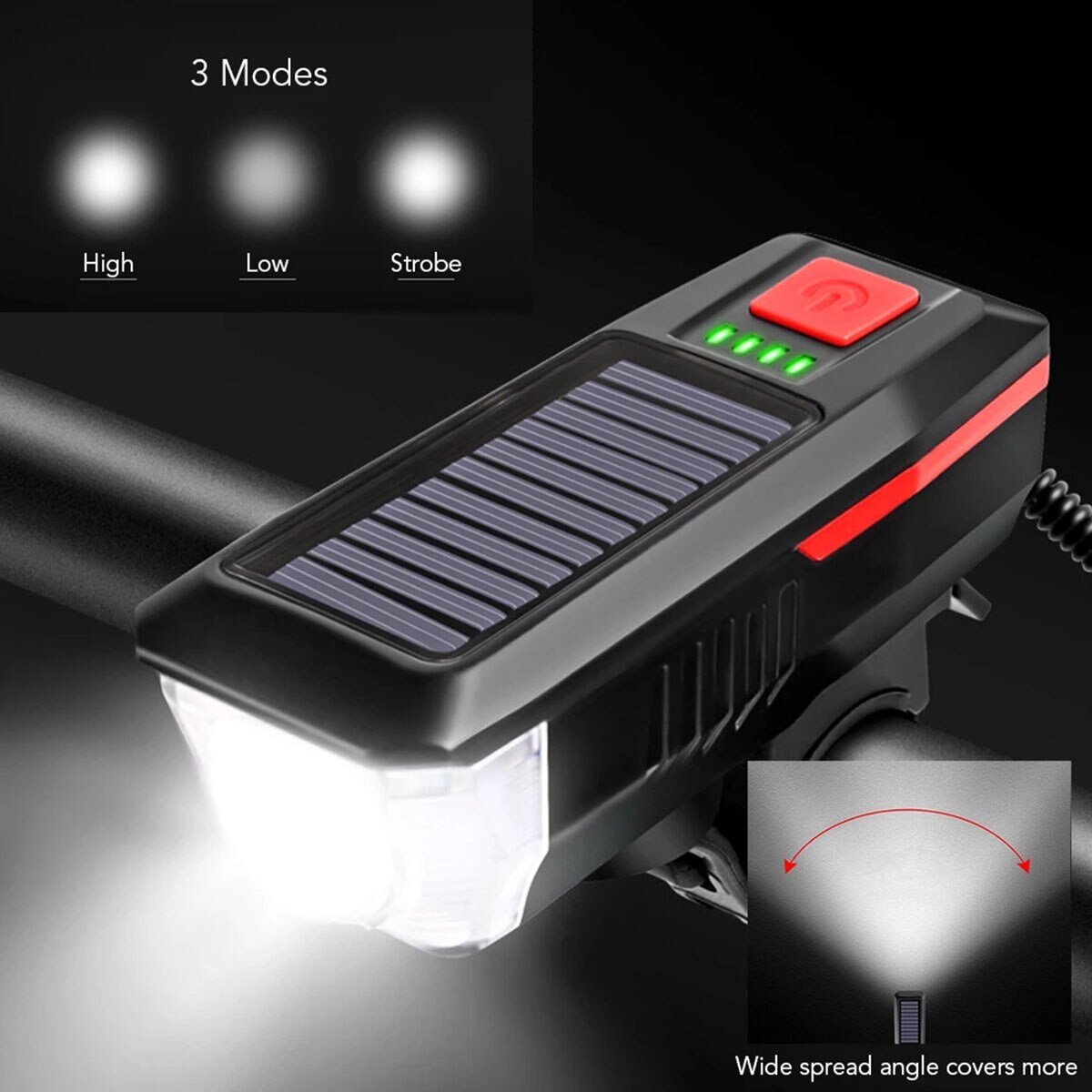 Solar Bicycle Light Rechargeable Bike Front Lamp LED Bike Headlight Outdoor Waterproof Cycling Light 3 Light Modes Head Light