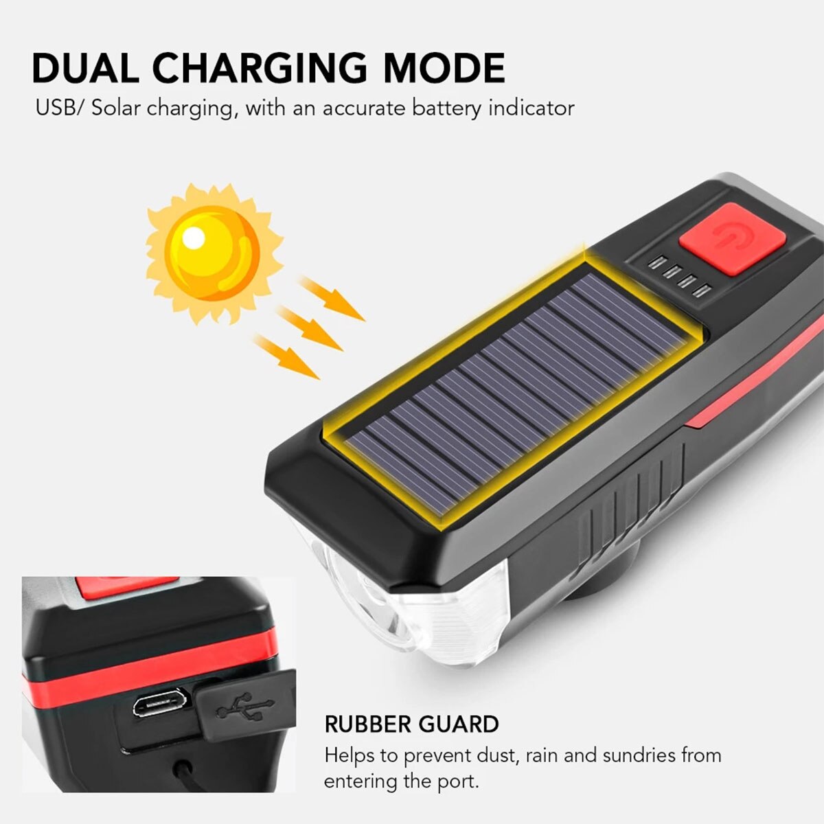 Solar Bicycle Light Rechargeable Bike Front Lamp LED Bike Headlight Outdoor Waterproof Cycling Light 3 Light Modes Head Light