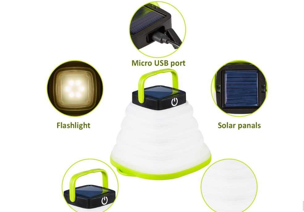 Portable camping light solar lantern LED mini hanging emergency light for tent light solar, USB input foldable waterproof