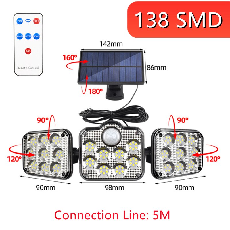 138 Solar LED Light Outdoor Motion Sensor Wall Lamp Remote Control Waterproof for Corridors Gates Roofs Courtyards Lighting